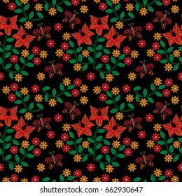 Seamless pattern with embroidery stitches imitation little red flower and butterfly. Folk flower embroidery pattern for printing on fabric, paper for scrapbook, gift wrap and wallpapers.