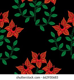 Seamless pattern with embroidery stitches imitation red flower. Folk flower embroidery pattern for printing on fabric, paper for scrapbook, gift wrap and wallpapers.