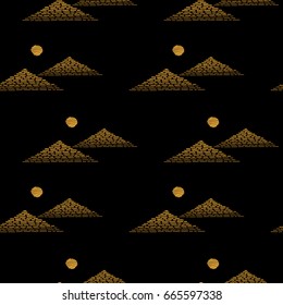 Seamless pattern with embroidery stitches imitation little gold pyramids and sun. Egyptian pyramids embroidery pattern for printing on fabric, paper for scrapbook, gift wrap and wallpapers.