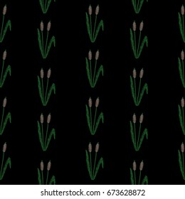 Seamless pattern with embroidery stitches imitation little rush and green leaf. Shrub rush embroidery pattern for printing on fabric, paper for scrapbook, gift wrap and wallpapers.