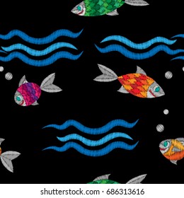 Seamless pattern with embroidery stitches imitation colorful fish and wave illustration. Marine embroidery pattern background for printing on fabric, paper for scrapbook, gift wrap and wallpapers.
