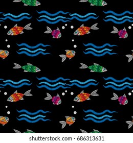 Seamless pattern with embroidery stitches imitation little fish and wave illustration. Marine embroidery pattern vector background for printing on fabric, paper for scrapbook, gift wrap and wallpapers