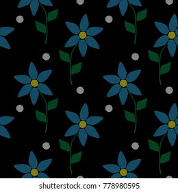 Seamless pattern with embroidery stitches imitation simple little blue flower. Fashion embroidery background with flower on black background. 