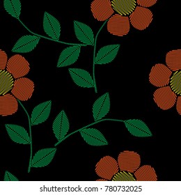 Seamless pattern with embroidery stitches imitation simple flower. Fashion embroidery background. 