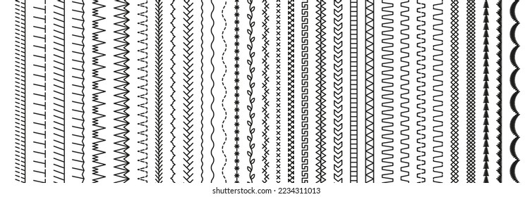 Seamless pattern embroidery stitches. Overlock fabric elements. Sewing seams. Set of machine thread sew brushes. Outline border isolated on white background. Simple design. Vector illustration.