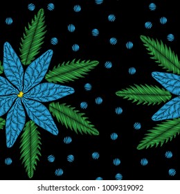 Seamless pattern with embroidery style blue flower stitches imitation. Vector embroidery fashion flower and leaf on black background. 