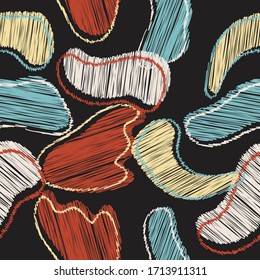 Seamless pattern embroidery style scribbled shapes repeat endless background cover texture for textile, wallpapers, clothing, carpets, curtains, wrapping paper, fashion fabric prints