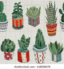 seamless pattern with Embroidery succulents, cactus and pots. Cactus wall art embroidery home decor cacti succulents. Set of hand drawn doodles design elements. Linen cloth texture.  Colorful floral.