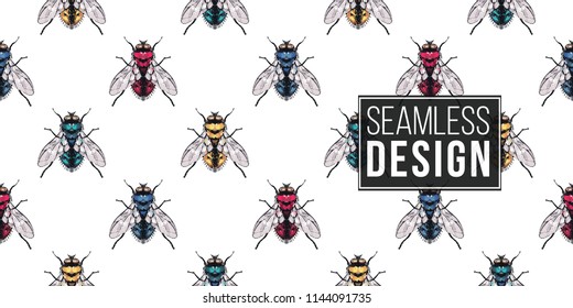 Seamless pattern with embroidery yellow, red, blue and green flies. Fashion patch background with insects. 