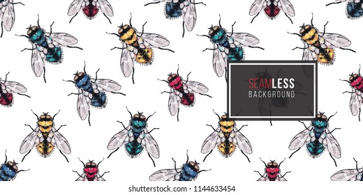Seamless pattern with embroidery yellow, red, blue and green flies. Fashion patch background with insects. 