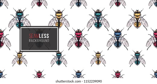 Seamless pattern with embroidery yellow, red, blue and green flies. Fashion patch background with insects. 