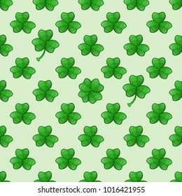 Seamless pattern of emerald shamrock on the green background. Symbol of Saint Patrick's day. Vector illustration