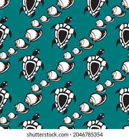 seamless pattern emerald shells art nouveau and turtles black and white vector