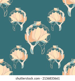 seamless pattern emerald vintage two magnolia flowers art nouveau stained glass and openwork vector