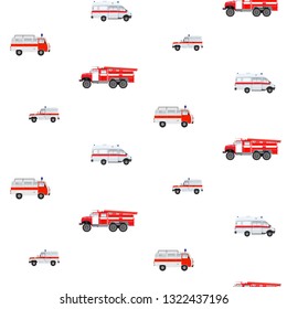 Seamless pattern with emergency cars - white and red cars. Fire, ambulance, police cars on a white background.