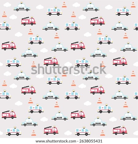 Seamless Pattern of Emergency Vehicles for Kids – Ambulance, Fire Truck, and Police Car