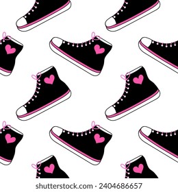 Seamless pattern with emo element. Y2k style. Sneakers boot with hearts. Black and pink. Vector flat illustration.