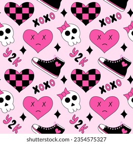 Seamless pattern with emo elements. Y2k style. Hearts in chessboard, XoXo, sneakers, skull. Black and pink. Vector flat illustration.