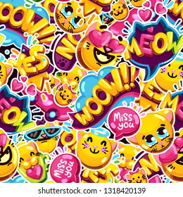 seamless pattern emoji cat and speech bubbles stickers 