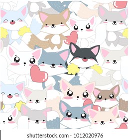 Seamless pattern Emoji cute happy smile spring summer baby fox icon emoji emotional background pattern vector hand draw doodle art,illustration background