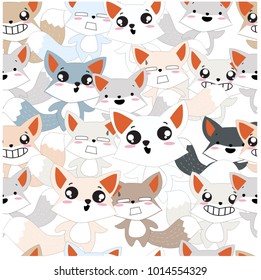 Seamless pattern Emoji cute happy smile spring summer baby fox wolf cartoon,Adorable animal background pattern,vector by freehand draw doodle comic art