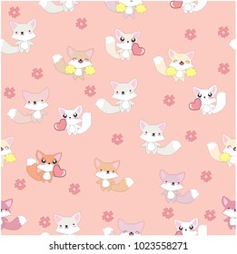 Seamless pattern Emoji cute happy smile spring summer cat or fox,adorable emotional pink background,baby pattern vector hand draw doodle art,illustration for textile or paper print or invitation card
