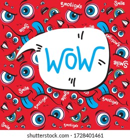 Seamless pattern. Emoji face with ductile facial expressions. Handwritten lettering. With place for text in a bubble. Funny doodle. Vector templates for typography or web design.