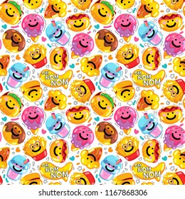Seamless pattern emoji fast food smile. Vector summer illustration ice-cream, drink, pita, hot dog, hamburger, donut, french fries, pizza.