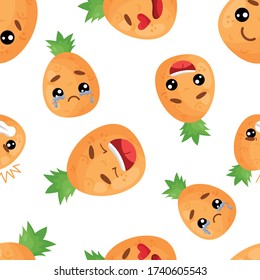 Seamless pattern emoji pineapple emoticons with different emotions, smile, laugh, anger, cry, love. Isolated vector illustration with different character.