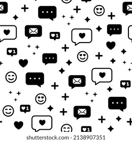 Seamless pattern with emoji, smiles, messages, social media elements. Chatting concept. Fabric texture, textile design in flat style on white background.