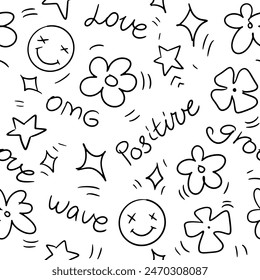 Patrón sin costuras de color blanco y negro emoji, dibujado, patrón decorativo para textil, embalaje, cubierta, ropa, tela, Vector