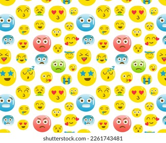 Seamless pattern of emoticon or emoji illustrations. Flat style with white background and cute expressions. Perfect for the wallpaper, book cover, paper and attribute.