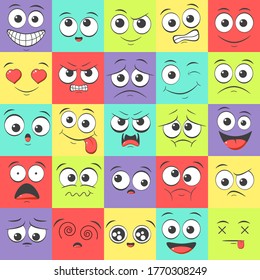 Seamless pattern with emoticons with different mood. Smile cartoon emoji face happy, sad, fear, crazy. Endless texture can be used for pattern fills, web page background, surface textures. Vector EPS8