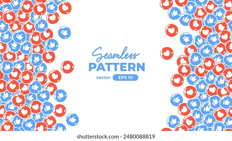 Seamless pattern with emoticons. Emoji set. Like icons, heart and thumbs up. Vector illustration eps10. UI interface chat icons for messenger app. Social media. Cartoon smile. Flat style.
