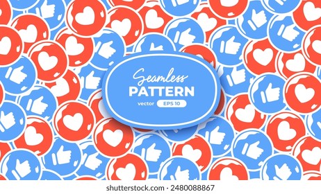 Seamless pattern with emoticons. Emoji set. Like icons, heart and thumbs up. Vector illustration eps10. UI interface chat icons for messenger app. Social media. Cartoon smile. Flat style.