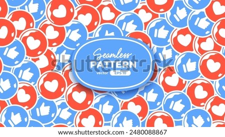 Seamless pattern with emoticons. Emoji set. Like icons, heart and thumbs up. Vector illustration eps10. UI interface chat icons for messenger app. Social media. Cartoon smile. Flat style.