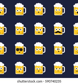 Seamless pattern of emoticons on beer mugs.