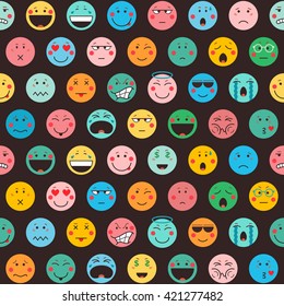 Seamless pattern with emoticons on dark background. Emoji background. Icons design in flat style. Vector illustration.