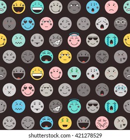 Seamless pattern with emoticons on dark background. Emoji background. Icons design in flat style. Vector illustration.