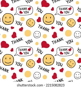 Seamless pattern with emoticons and thank you sign. Kind pattern for crafting and textiles. Pattern for background for covers, fabrics, soups, t-shirts, textiles and printed materials.