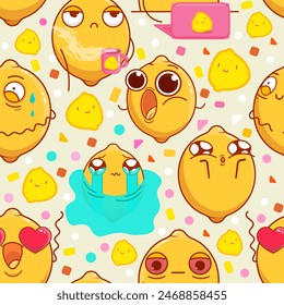 Seamless pattern with emotional lemons. Comic elements in cartoon style. Citrus characters with funny faces in kawaii style. Flat design. All elements are isolated. Perfect for printing