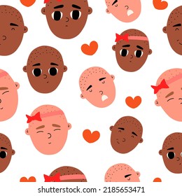 Seamless pattern with emotional portraits of small children. Vector illustration in flat style