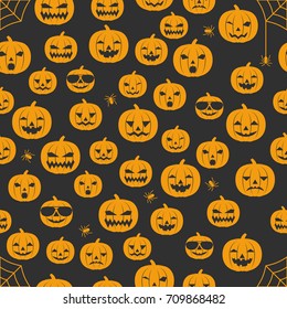 Seamless pattern of emotional pumpkins and a spider hanging on a cobweb. Background. Design for packaging, textiles, banners, invitations to a Halloween party. Vector illustration.