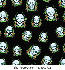 Seamless pattern. Emotional skulls. Beautiful leaves and flowers.