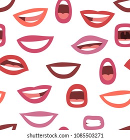 Seamless pattern with emotional women's lips with red lipstick. Cartoon style illustration mouth. Isolated Hand drawn vector facial expression