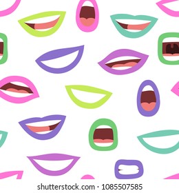 Seamless pattern with emotional women's lips. Cartoon style illustration holopunk mouth. Isolated Hand drawn vector facial expression. Acid colors smile