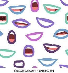 Seamless pattern with emotional women's lips. Cartoon style illustration holopunk mouth. Isolated Hand drawn vector facial expression. Acid colors smile