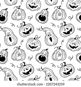 Patrón sin foco con emociones calabazas de halloween sobre fondo blanco. С calabazas dibujadas a mano. Caras divertidas para papel digital scrapbook, impresión textil, relleno de páginas. Ilustración del vector