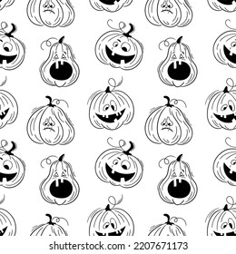Seamless pattern with emotions halloween pumpkins on white background. Сute hand drawn pumpkins. Funny faces for scrapbook digital paper, textile print, page fill. Vector illustration