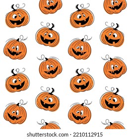 Seamless pattern with emotions halloween pumpkins on white background. Сute hand drawn orange pumpkins. Funny faces for scrapbook digital paper, textile print, page fill. Vector illustration